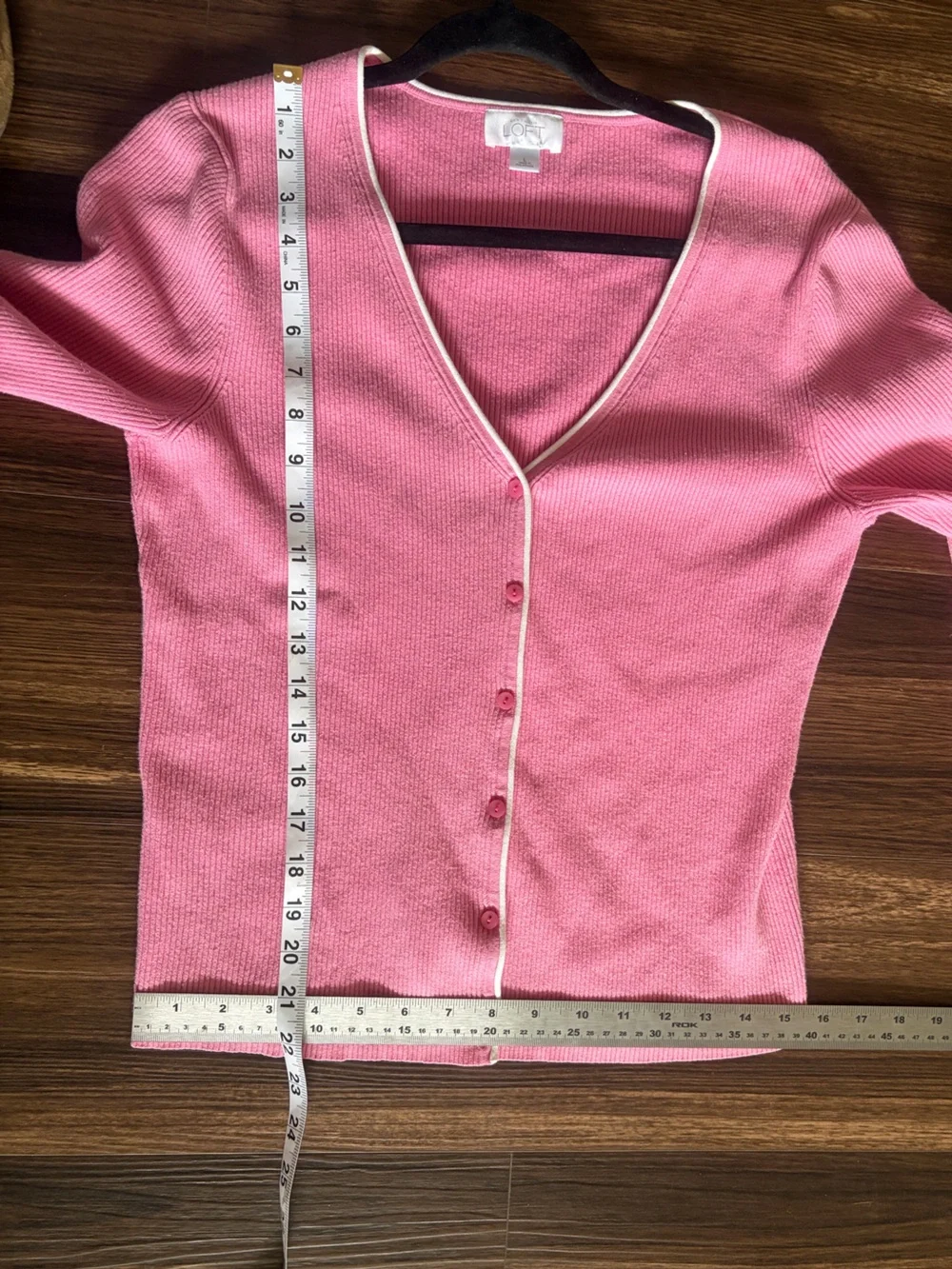 LOFT Pink Ribbed V-Neck Cardigan with white Trim - Picture 14 of 15